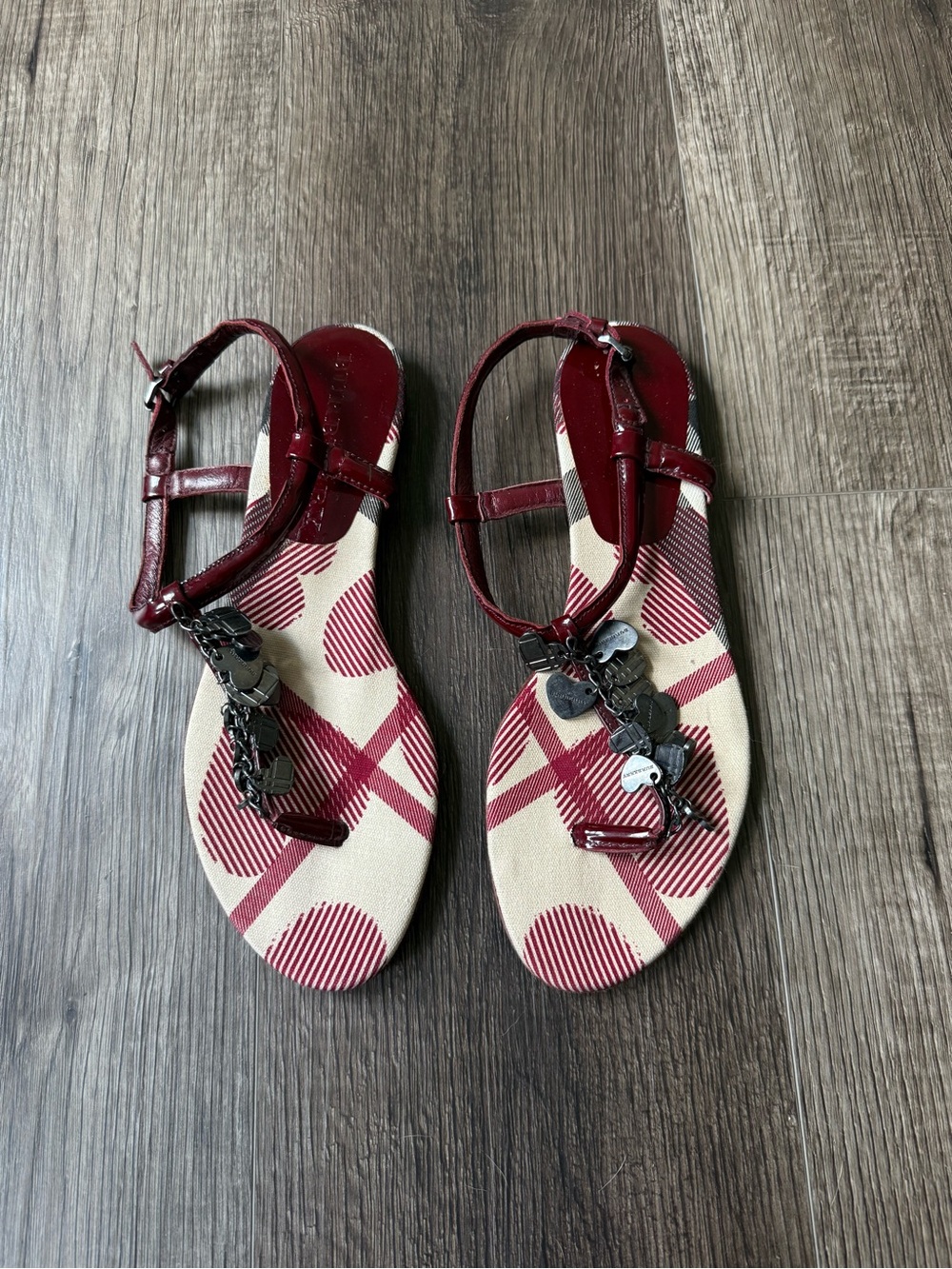 Burberry Burgundy Patent Leather Charm Sandal